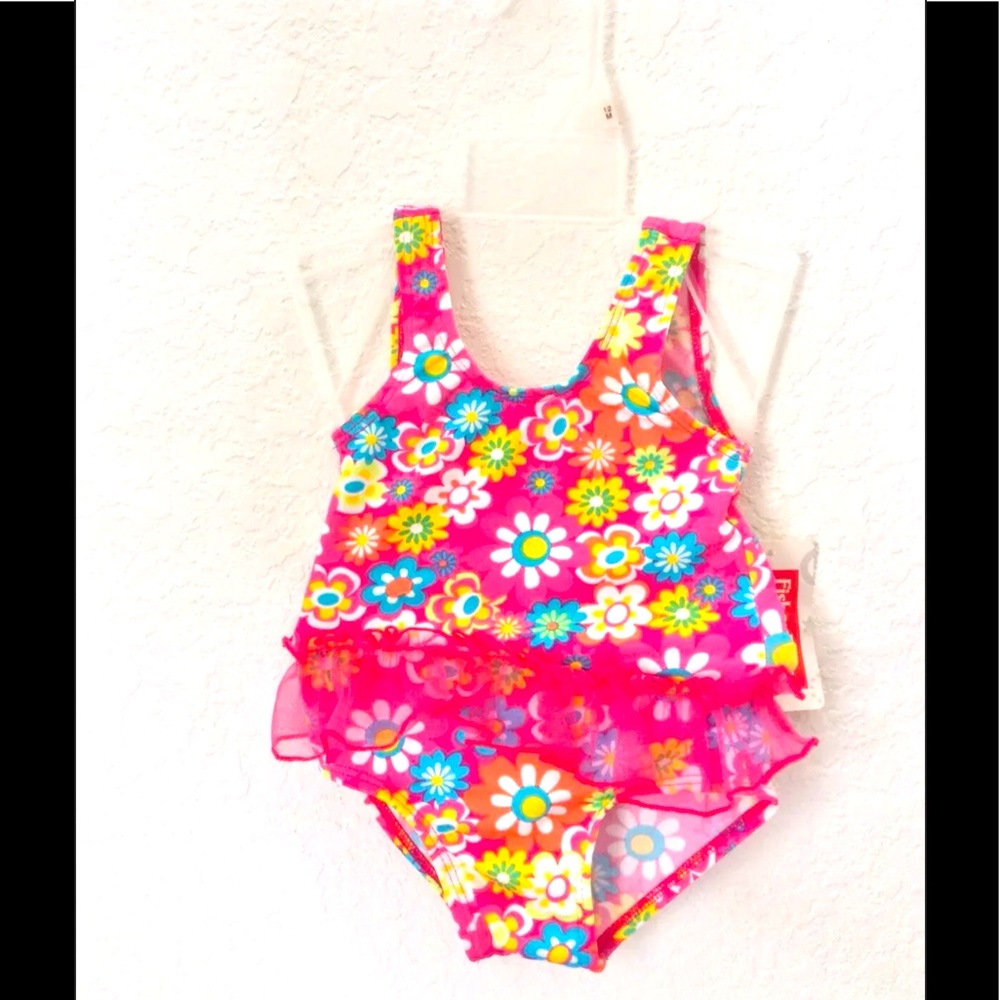 Fisher-Price Infant Baby Girl Swimsuit Pink Flowers Tutu One Piece Summer Swim